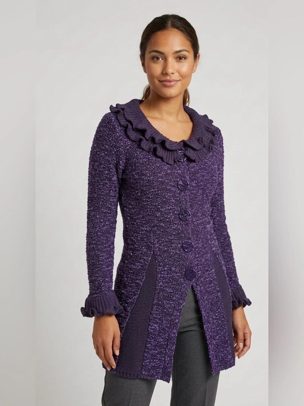 Patrizia Luca Purple Textured Knit Ruffle Longline Cardigan Sweater Coat Size S